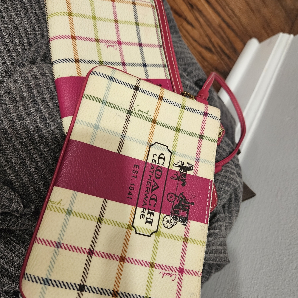 Coach Plaid Wristlet And Wallet with Pink